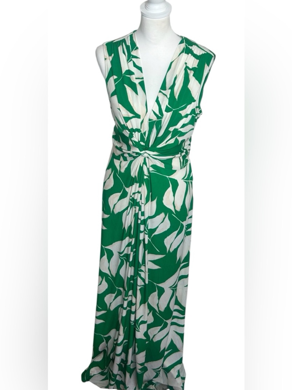 Eliza J EUC Twist Front Green White Sleeveless Leaf-Print Maxi Dress Sz 16 Boho